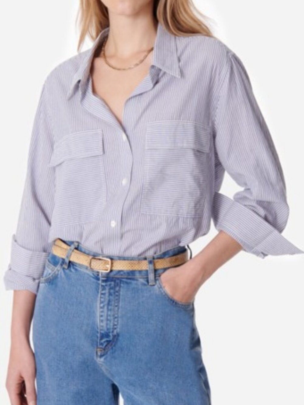 Jodhpur pinstriped long sleeve button down shirt blue, white women's size 46